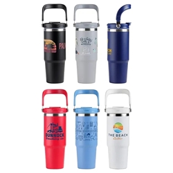 SENSO® Venture DuoFlow 30 oz Vacuum Insulated Stainless Steel Travel Tumbler with Matching Handle 30 oz. tumbler, extra large promo tumbler, tumbler with handle, Imprinted Tumbler with handle, Stainless Steel Tumblers with handle, Care Promotions, 